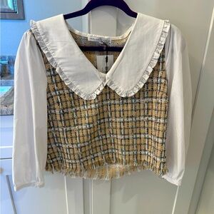 English Factory tweed and poplin blouse, large; NWT